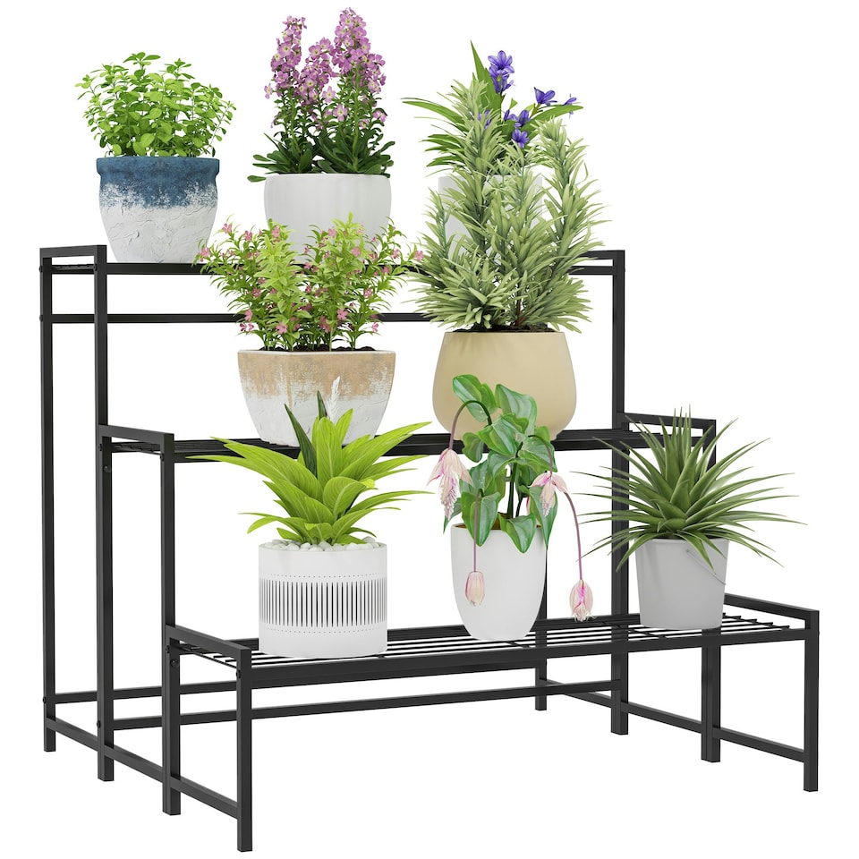 image 1 of Outsunny 3-Tier Metal Plant Stand, Modern Ladder Shelf for Garden, Black