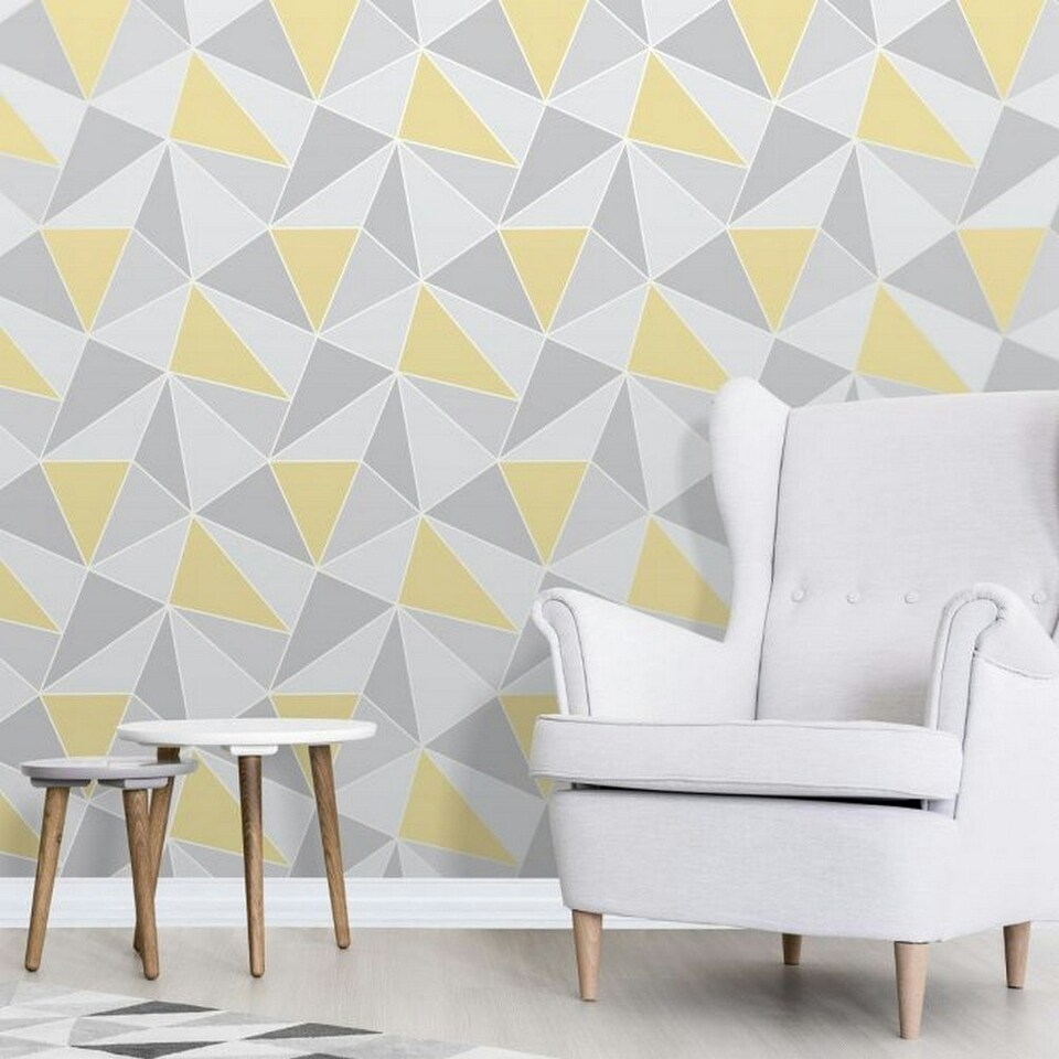 image 1 of Fine Decor Apex Geometric Wallpaper - Yellow/Grey - 32.1ft x 21in Yellow
