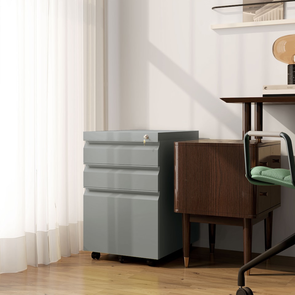 image 1 of Vinsetto 3-Drawer Filing Cabinet, Mobile Metal File Cabinet with Lock and 5 Wheels for A4 Legal Letter Sized Hanging File Folders, Under Desk Drawers, Pre-Assembled Body, 39 x 48 x 60 cm, Grey