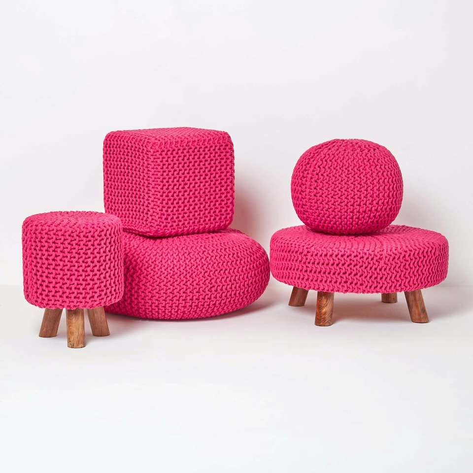 image 1 of Homescapes Hot Pink Cube Cotton Knitted Pouffe Footstool