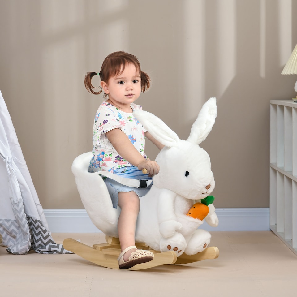image 1 of HOMCOM Kids Rocking Horse, Plush Rabbit-Shaped Baby Rocking Animal with Carrot Toy, Safety Harness, Realistic Sounds, Foot Pedals, for Toddlers Aged 18-36 Months - White
