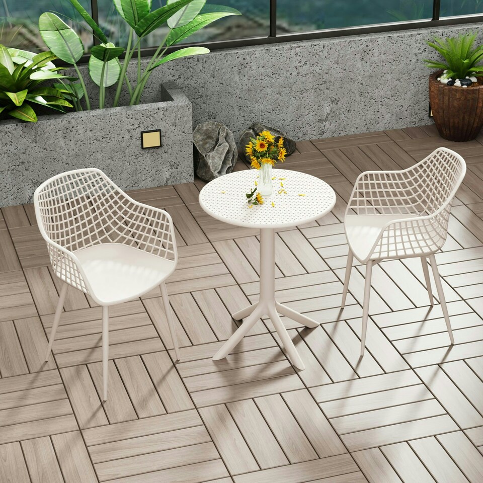 image 1 of Rimini Round Table and 2 Lattice Armchair Bistro Set - Indoor and Outdoor Use with Durable Plastic and Metal Construction | Orange | Terracotta | One Size | 3