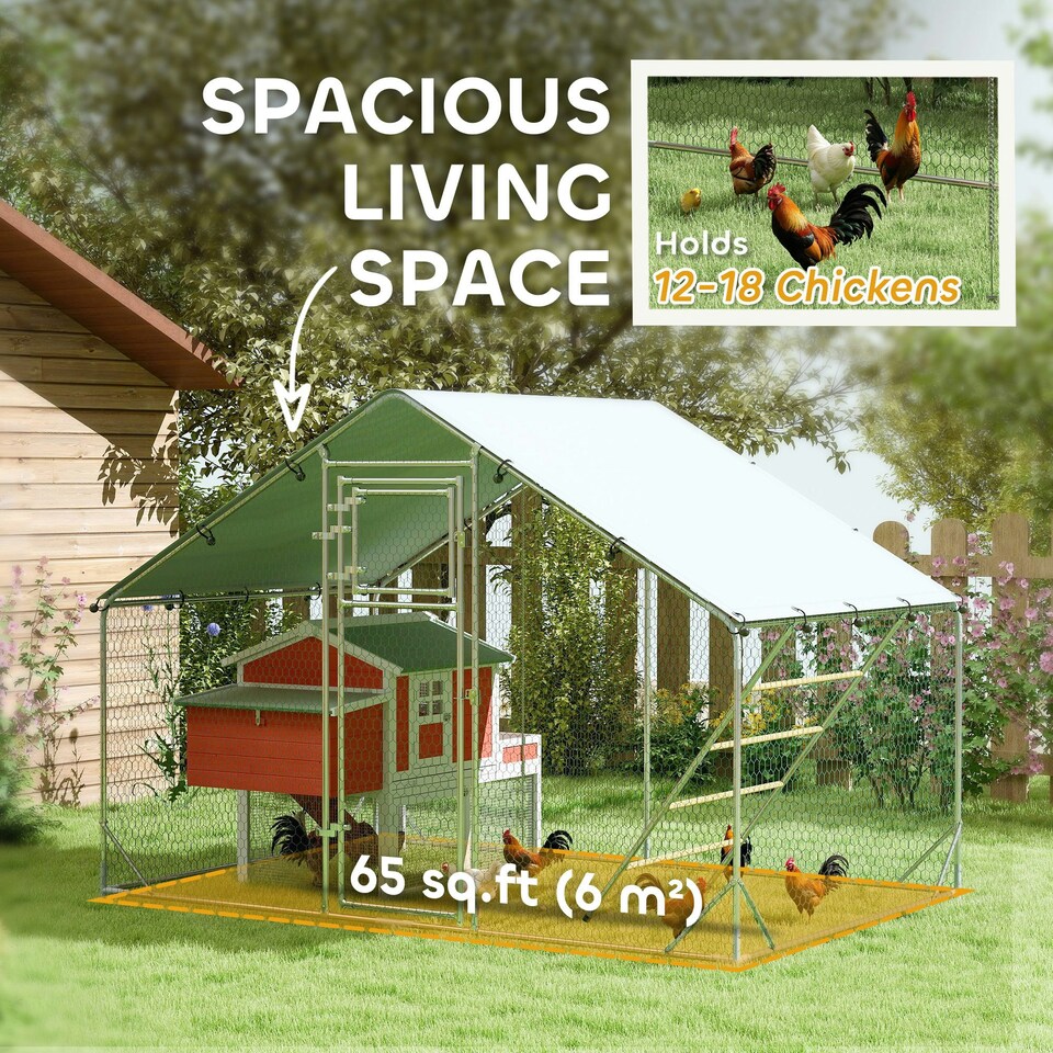 image 1 of PawHut Walk in Chicken Run with Waterproof & UV-Resistant Cover, Hanging Feeder, Perch, Hen Poultry House for 6-8 Chickens, Ducks, Rabbits, Geese, Silver