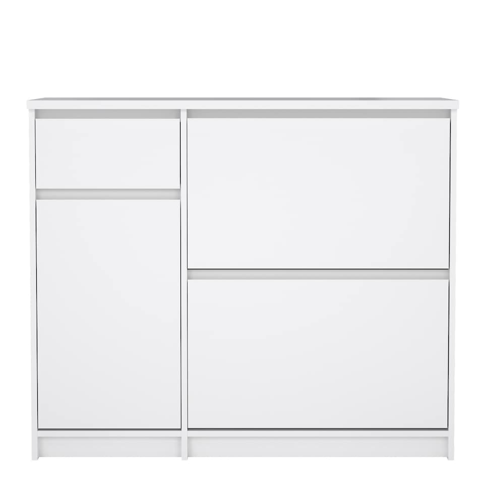 image 1 of Naia Shoe Cabinet with 2 Flip Down Doors 1 Door and 1 Drawer in White High Gloss
