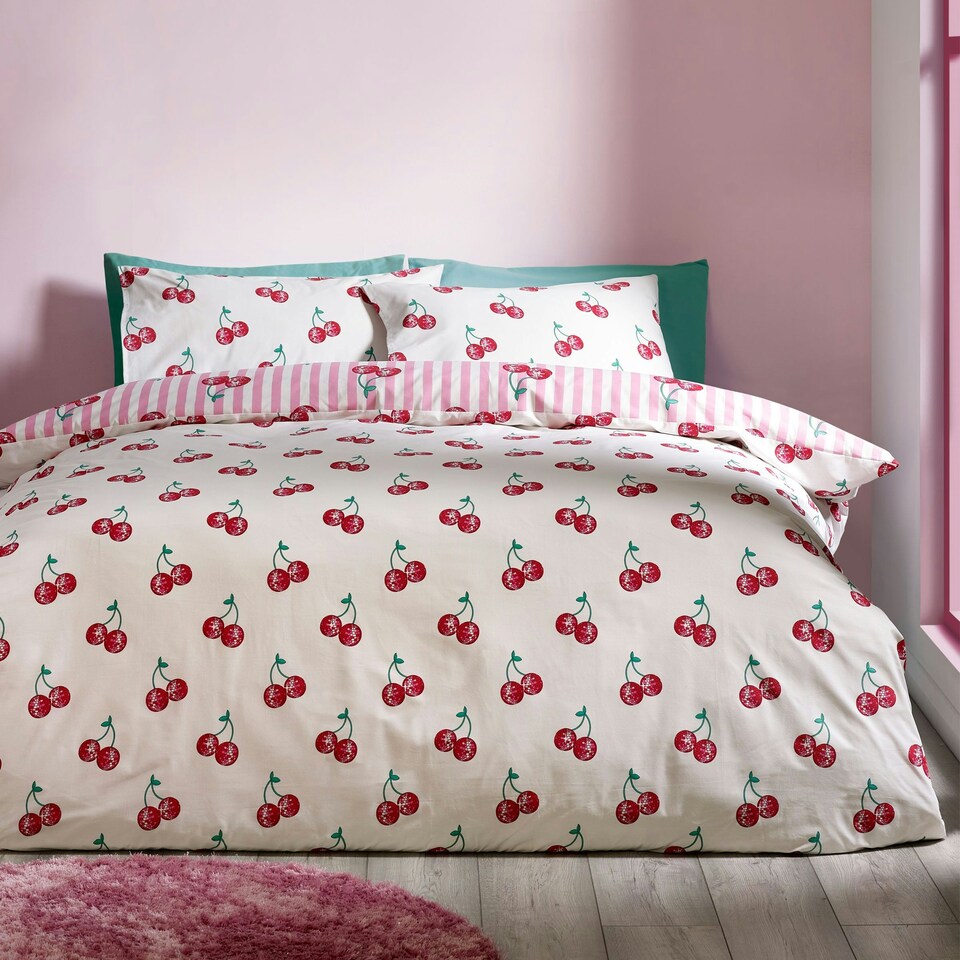 image 1 of Catherine Lansfield Disco Cherries Stripes Reversible Duvet Cover Set Pink Pink | Double