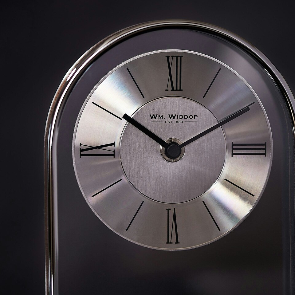 image 1 of Wm.Widdop Chrome & Wood Veneer Mantle Clock Chrome | Brown