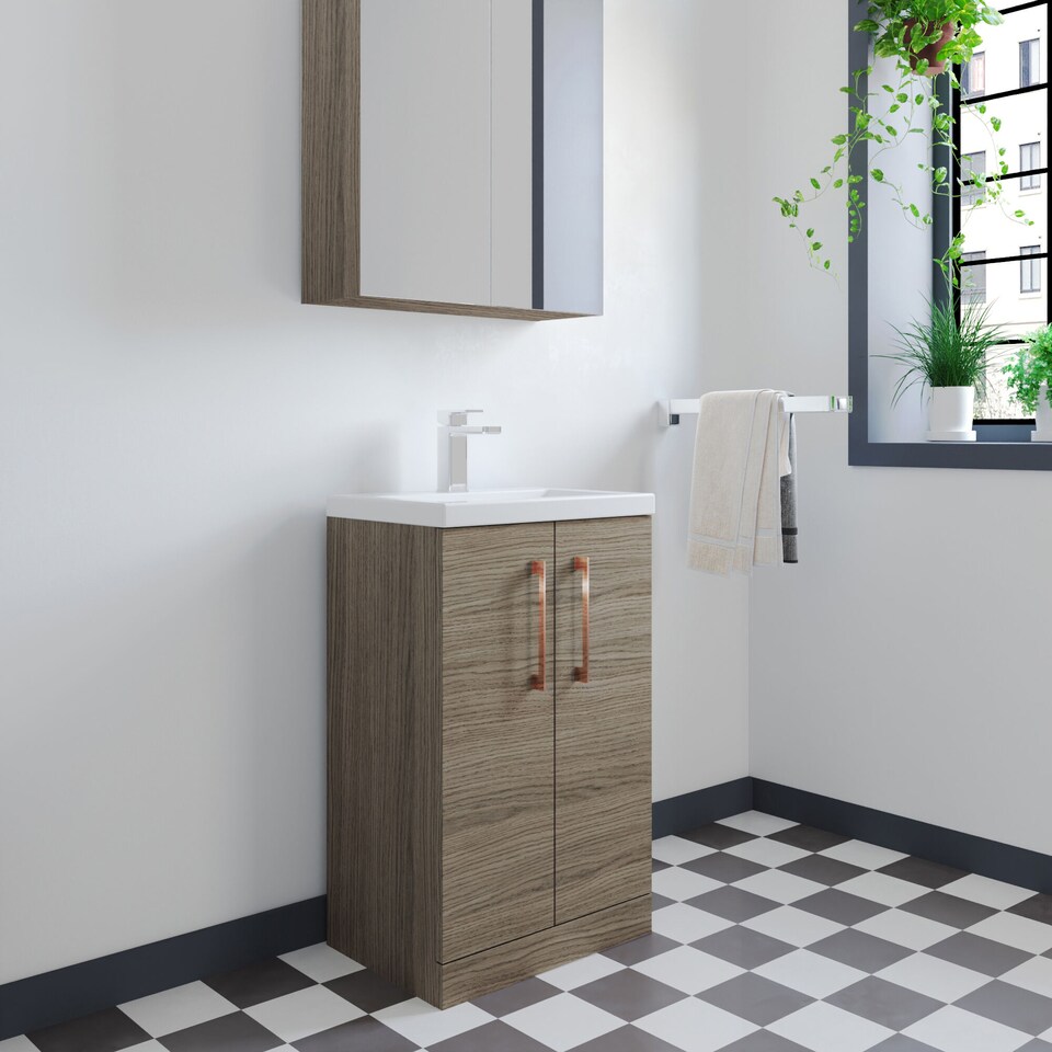 image 1 of Balterley Level Compact Bathroom Cloakroom Vanity Basin Unit with Polymarble Basin, Handles, Mid Oak | Brown | Grey Vicenza Oak | 840 x 503 x 353mm