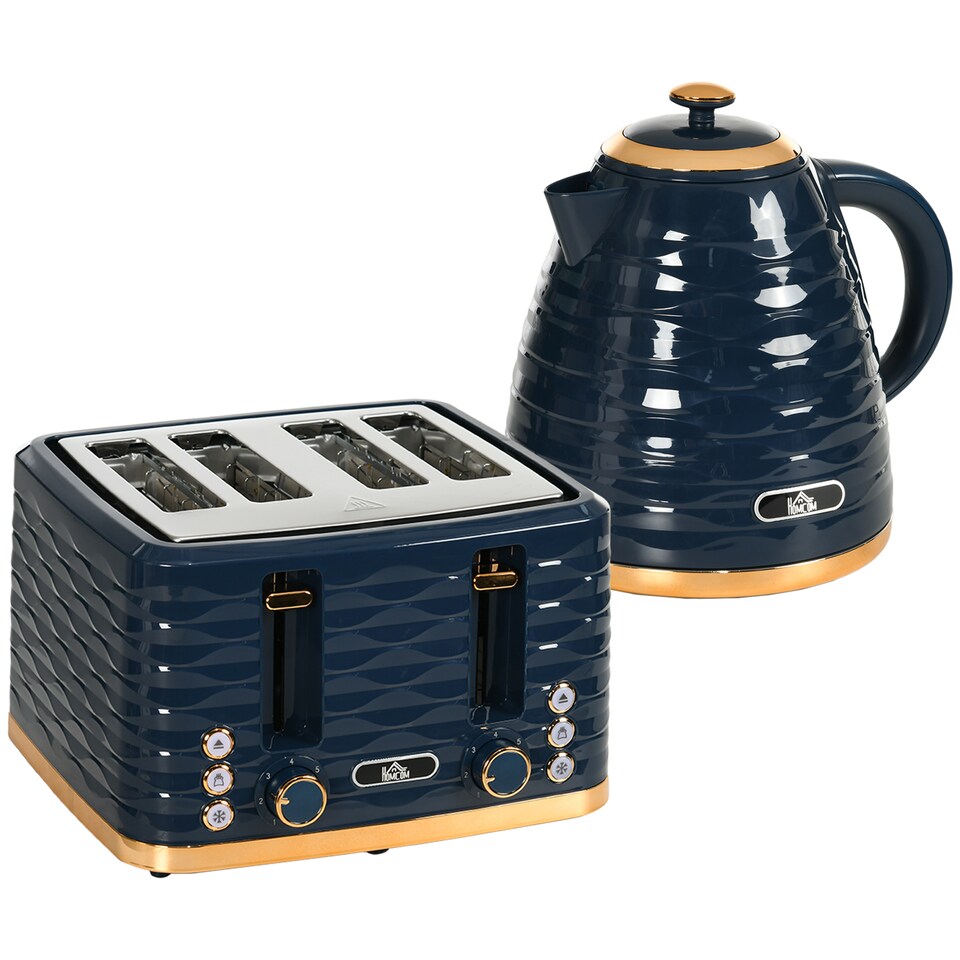 image 1 of HOMCOM Kettle and Toaster Sets, 3000W 1.7L Rapid Boil Kettle & 4 Slice Toaster with 7 Browning Controls, Defrost, Reheat and Crumb Tray, UK Otter thermostat, Blue