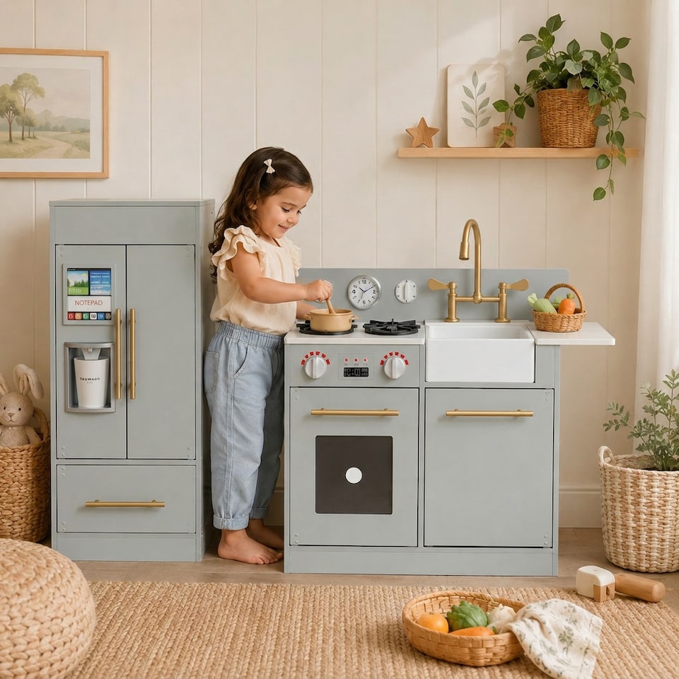 image 1 of Teamson Kids Little Chef Charlotte Modern Play Kitchen, Silver Gray/Gold