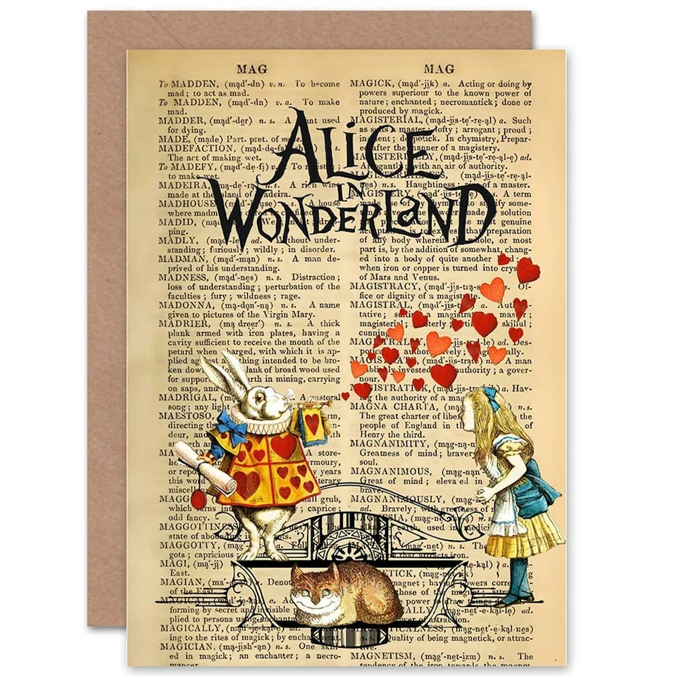 image 1 of Upcycle Dictionary Alice Wonderland Rabbit Cheshire Cat Greeting Card