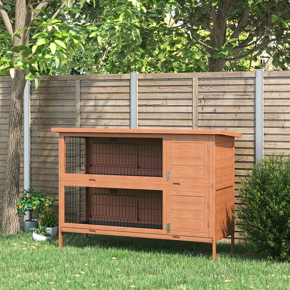 image 1 of PawHut Rabbit Hutch, Guinea Pig Hutch with No-Leak Trays & Divider, Orange