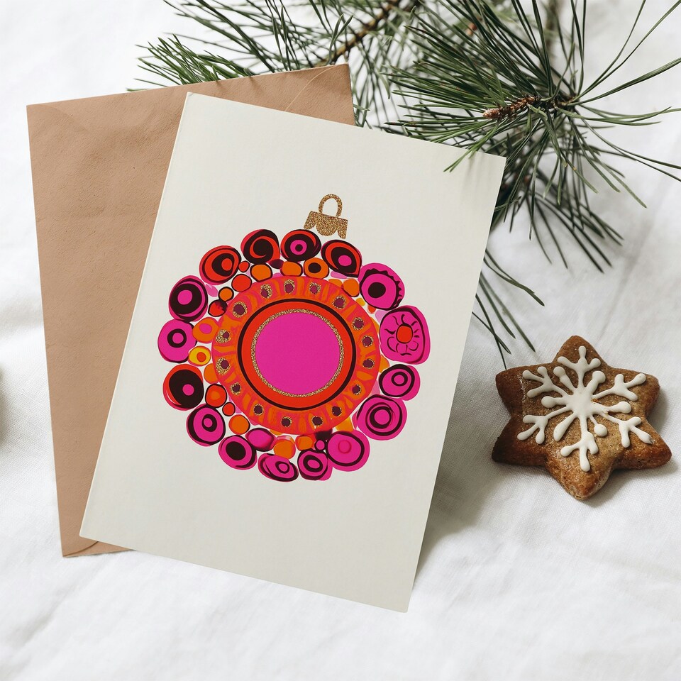 image 1 of Greeting Card Kandinsky Style Pink Orange Vibrant Bauble Design Blank For Him Or Her Art Xmas Christmas Card