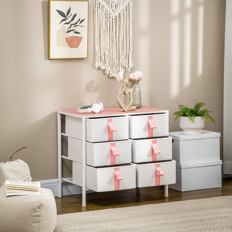 image 1 of HOMCOM Chest of Drawers, Cloth Organizer Unit with 6 Fabric Drawers, Metal Frame and Wooden Top, Storage Cabinet for Kids Room, Living Room, Closet, Hallway, Pink