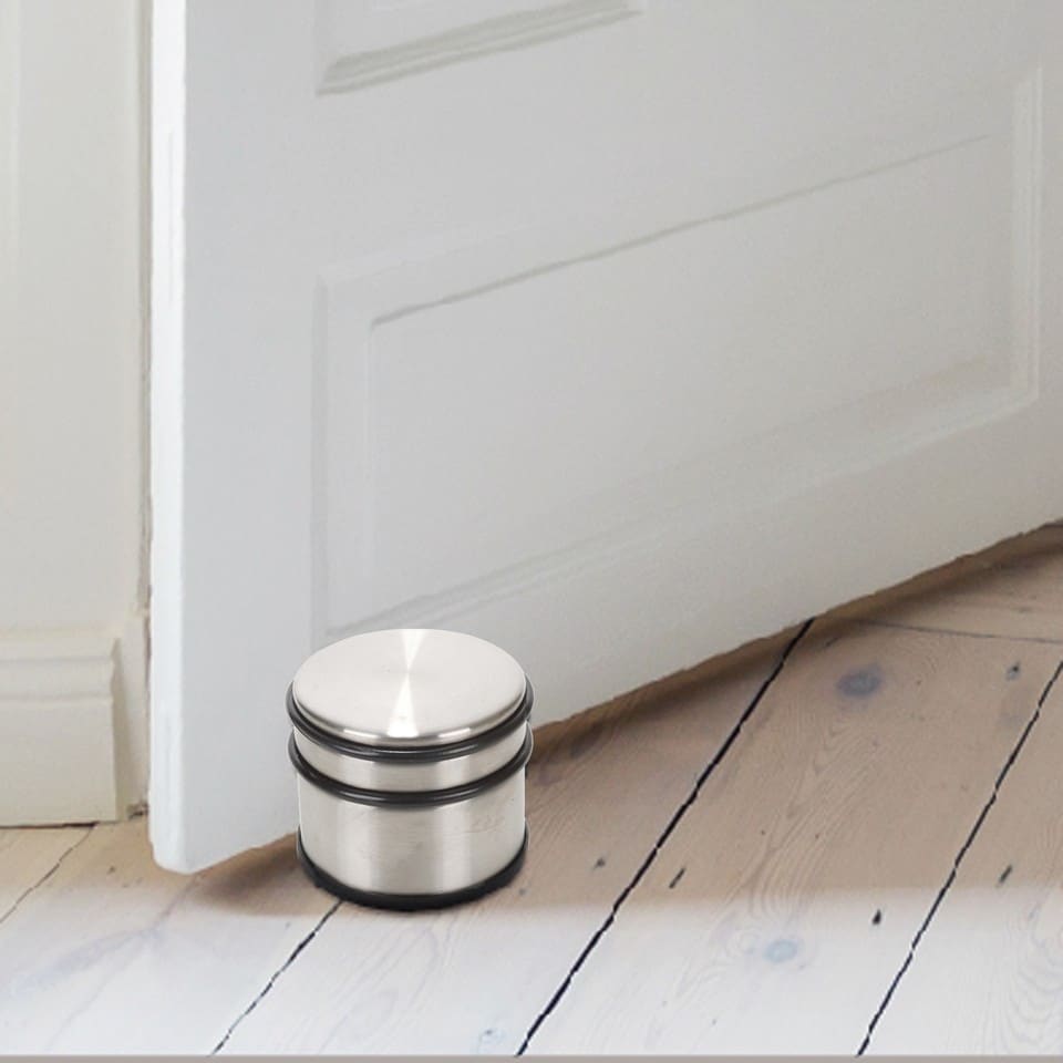 image 1 of Stainless Steel Door Stop Protector Wide Extra Large Round Heavy Duty Stopper | Silver | 2x Tall