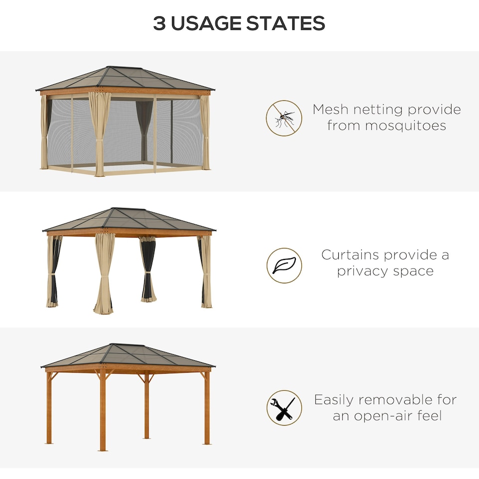 image 1 of Outsunny Hardtop Gazebo Polycarbonate Canopy with Nettings and Sidewalls Khaki