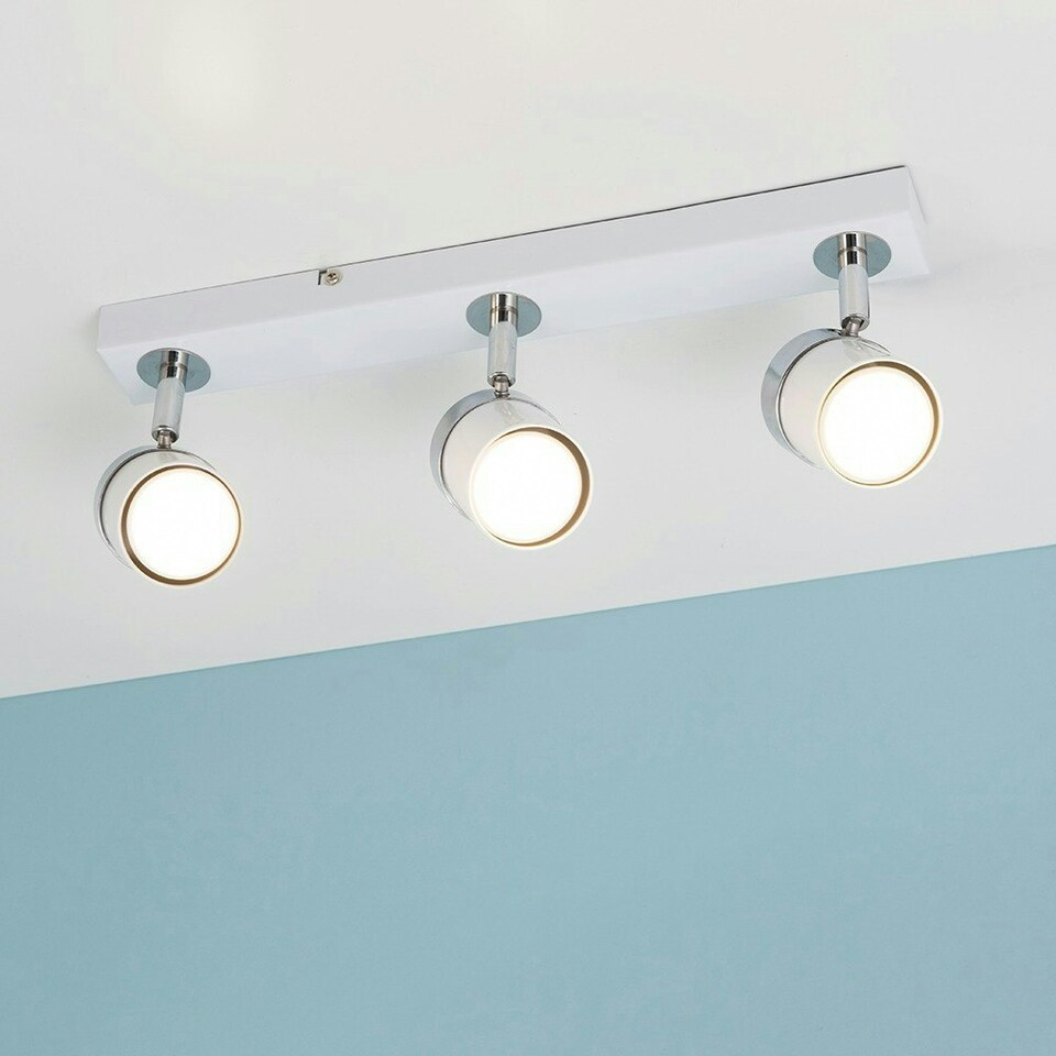 image 1 of ValueLights 3 Way Gloss White and Polished Chrome Straight Bar Ceiling Spotlight - with 3 x 5W Warm White GU10 LED Bulbs | White