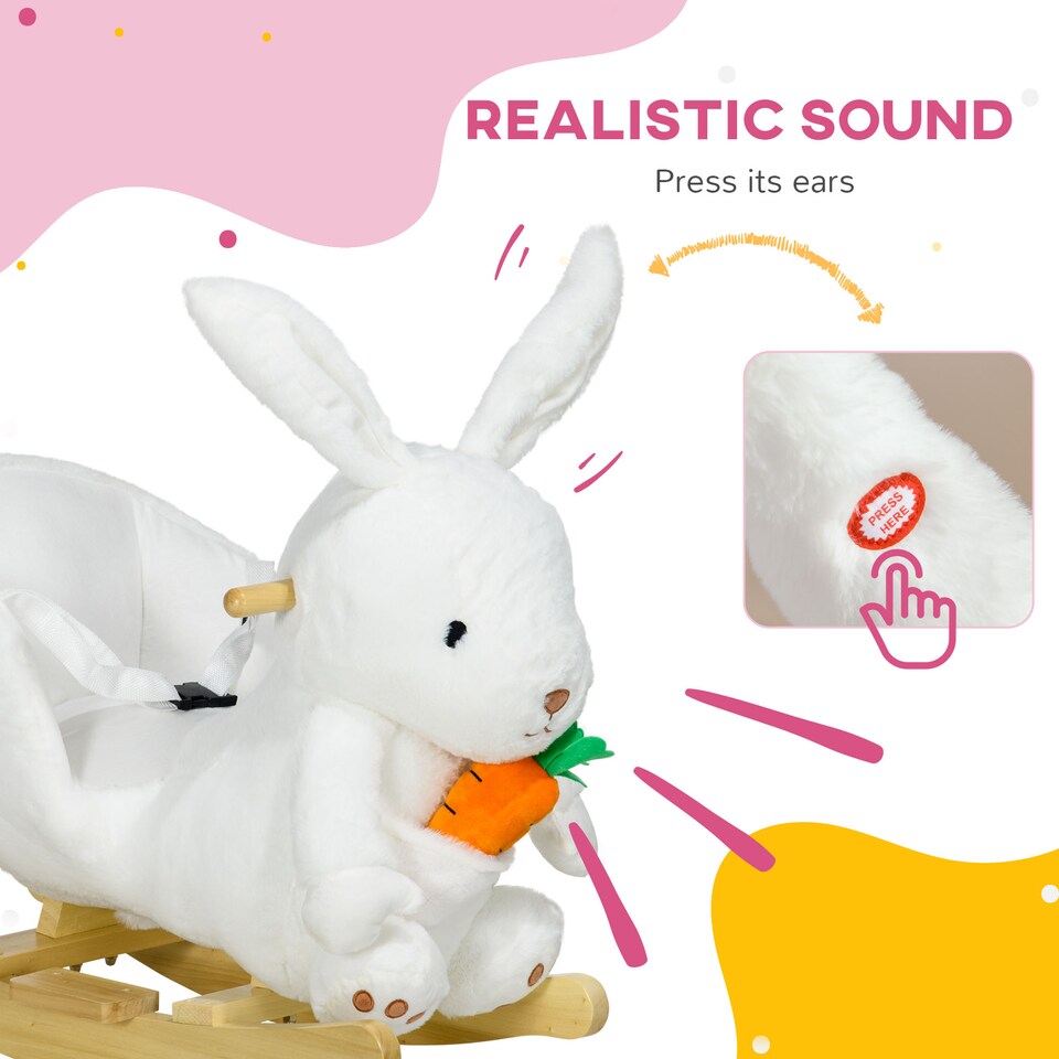 image 1 of HOMCOM Kids Rocking Horse, Plush Rabbit-Shaped Baby Rocking Animal with Carrot Toy, Safety Harness, Realistic Sounds, Foot Pedals, for Toddlers Aged 18-36 Months - White