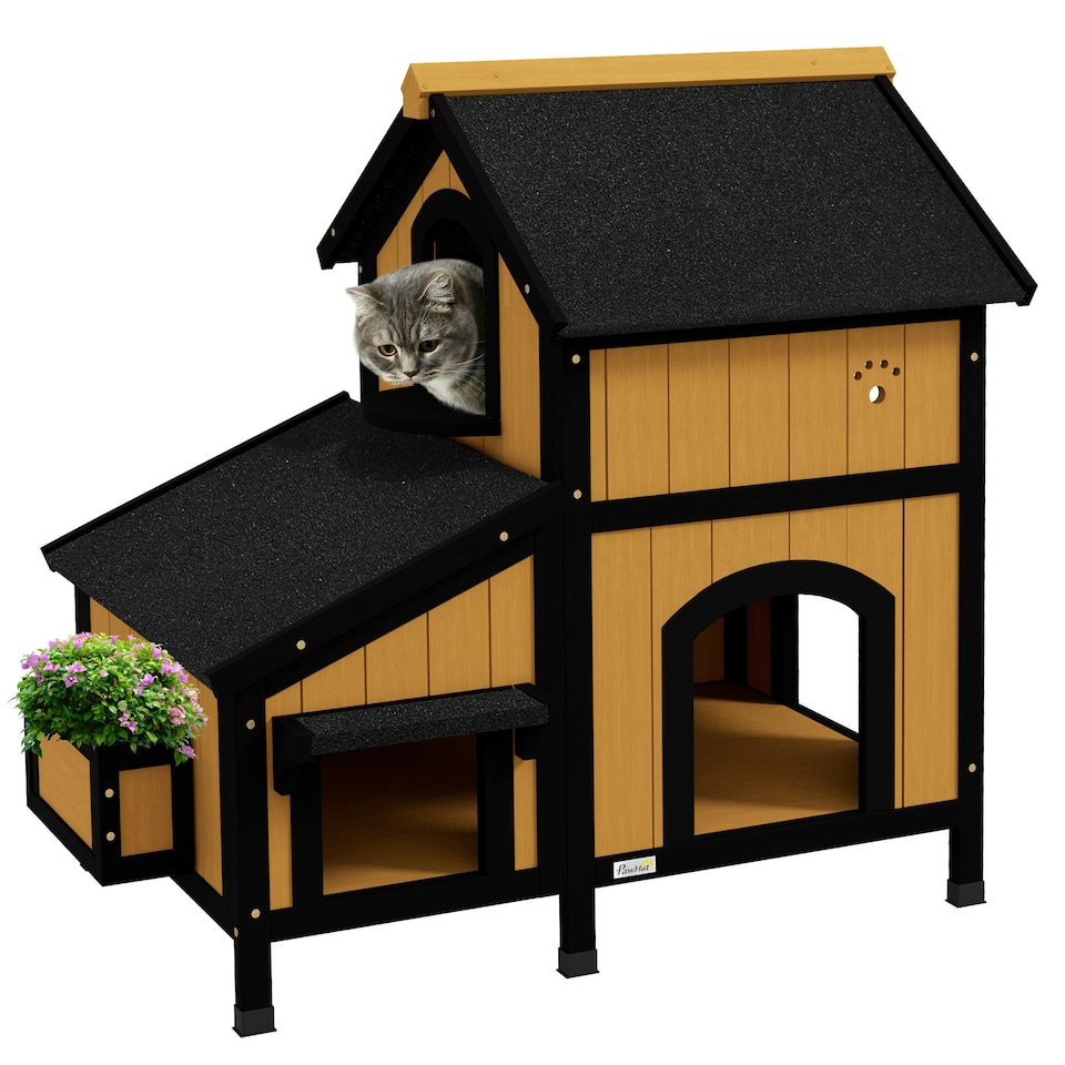 image 1 of PawHut Wooden Outdoor Cat House w/ Flower Pot, Windows, Multiple Entrances Yellow
