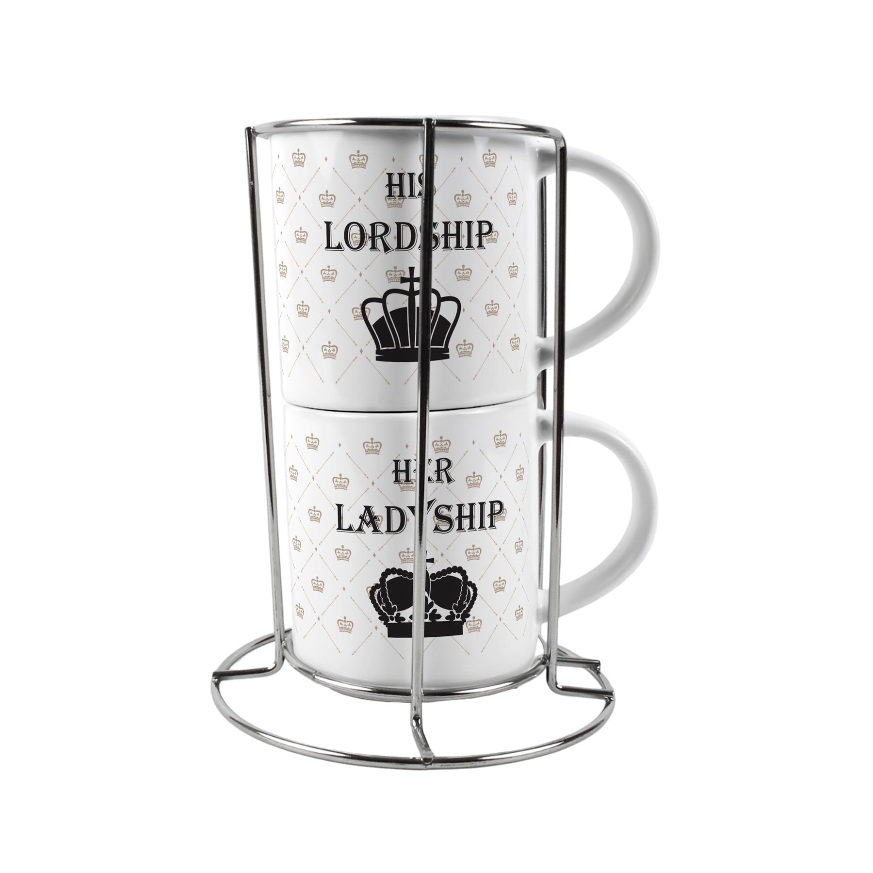 Lady & Lordship Stacking Mugs Set - Regal Gifts for Couples Ceramic Cups Set of 2 with Metal Stand White