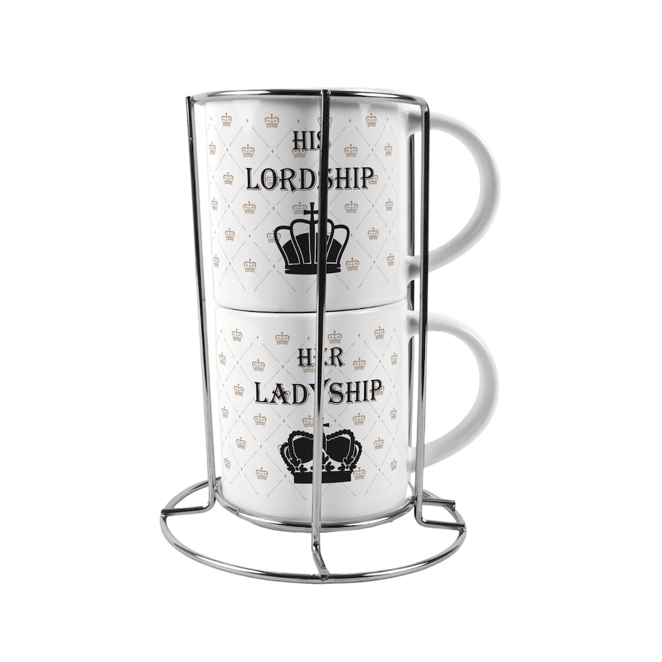 image 1 of Lady & Lordship Stacking Mugs Set - Regal Gifts for Couples Ceramic Cups Set of 2 with Metal Stand | White