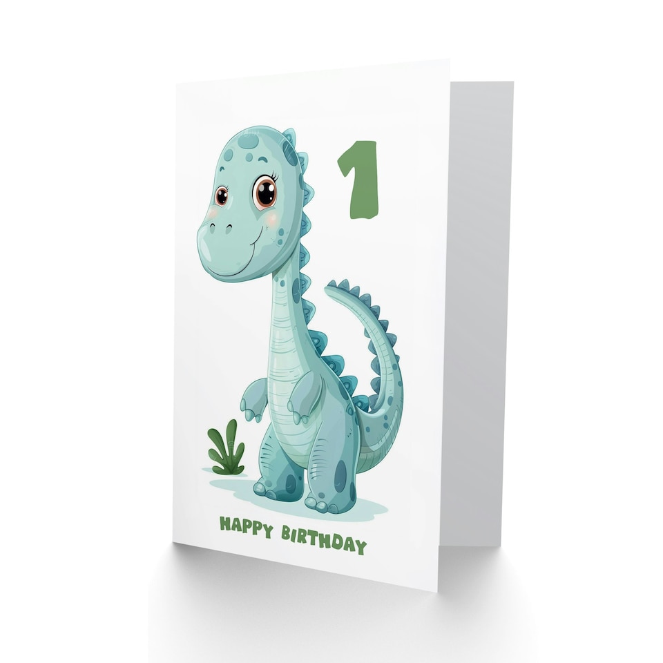 image 1 of Cute Dinosaur Cartoon Age 1 Year Old  Kids 1st Birthday Card