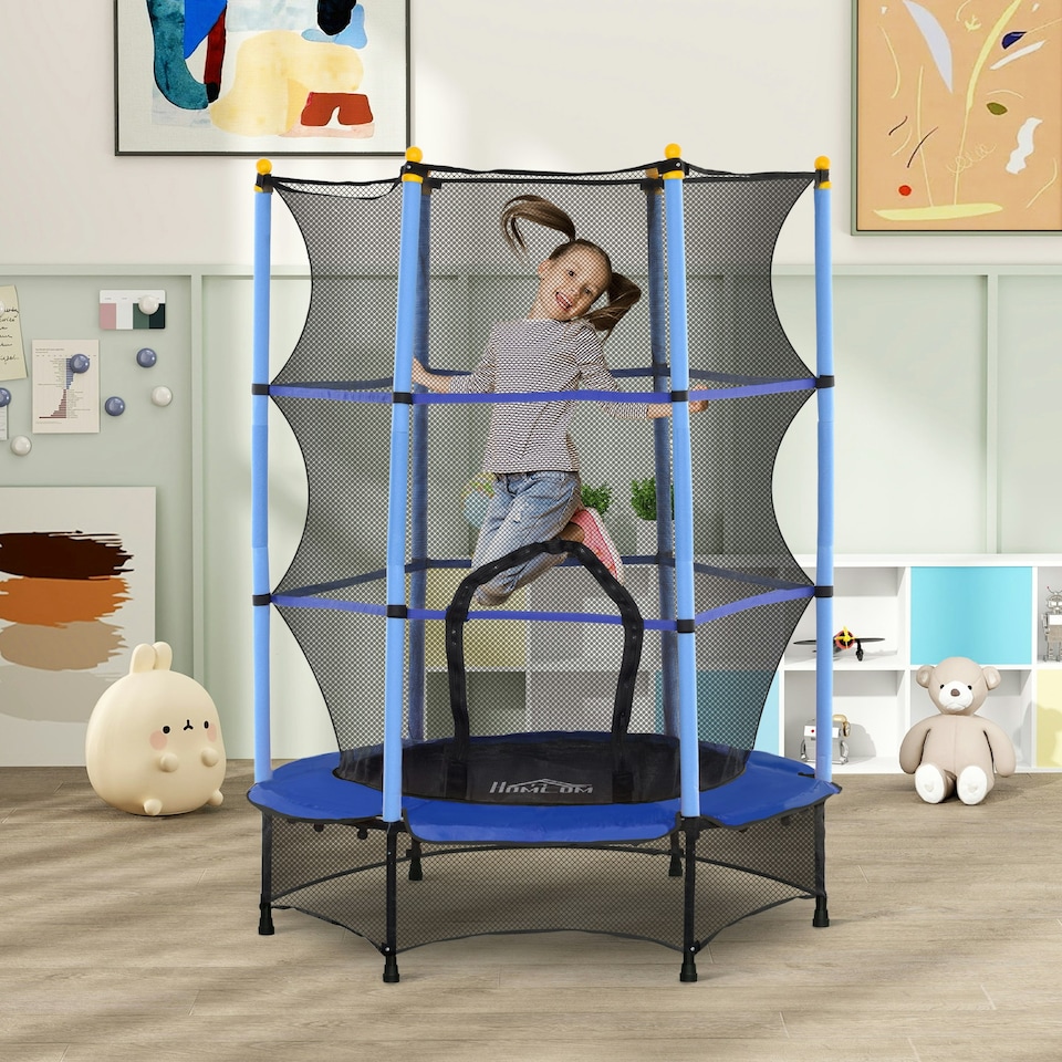 image 1 of HOMCOM 4.6FT Kids Trampoline with Safety Enclosure for Ages 3-10 Years Blue