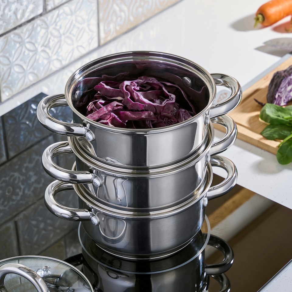 image 1 of Cooks Professional 3 Tier Stainless Steel Steamer Pan - Suitable for All Hobs | Silver | 16cm