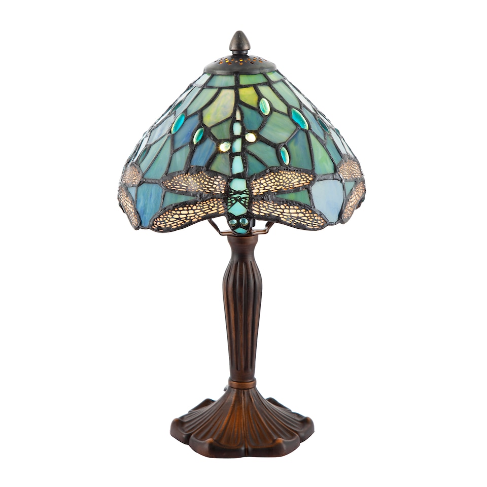 image 1 of Handmade Emerald Green Stained Glass 8 Inch Tiffany Lamp with Dragonfly Design | Green