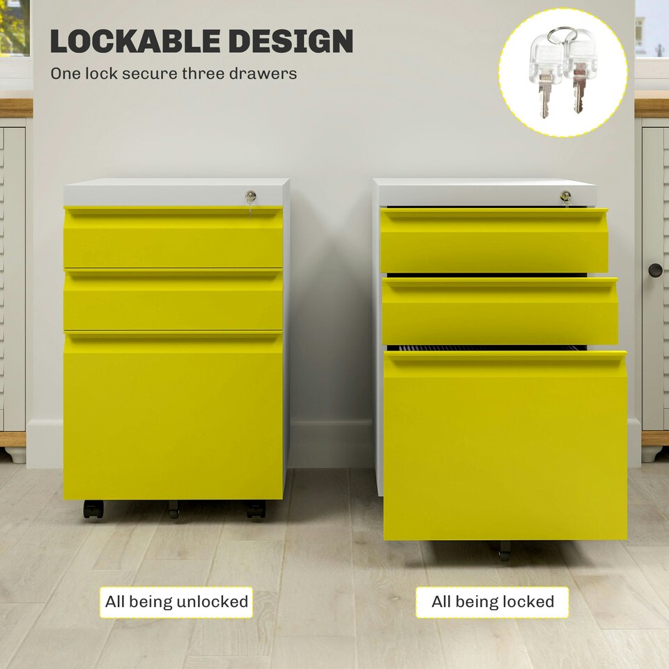 image 1 of Vinsetto 3 Drawer File Cabinet, Lockable Metal Filling Cabinet, Yellow
