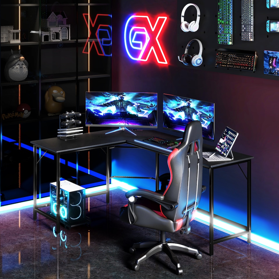 image 1 of COSTWAY L-Shaped Desk with Power Outlet Computer Desk Black