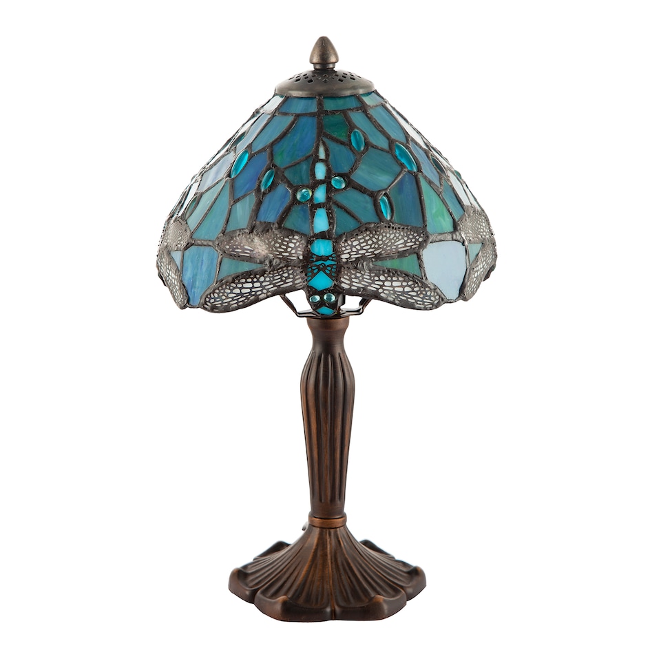image 1 of Handmade Emerald Green Stained Glass 8 Inch Tiffany Lamp with Dragonfly Design | Green