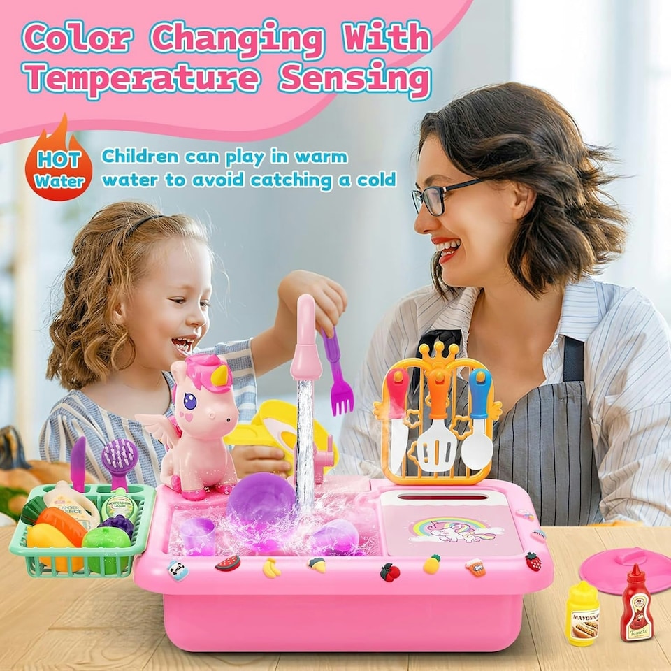 image 1 of Kids Kitchen Sink Playset with Real Running Water Food Accessories Cookware Hanging Rack and Storage Space