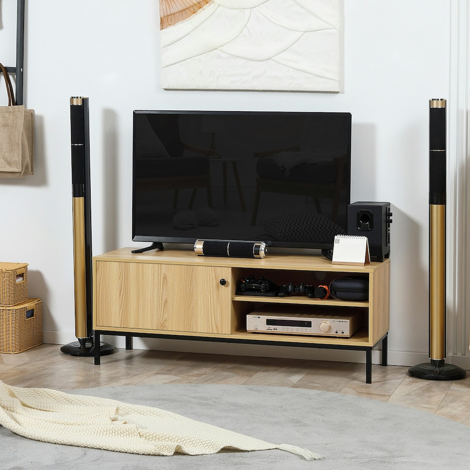 image 1 of HOMCOM TV Stand Cabinet with Sliding Door for Living Room Natural