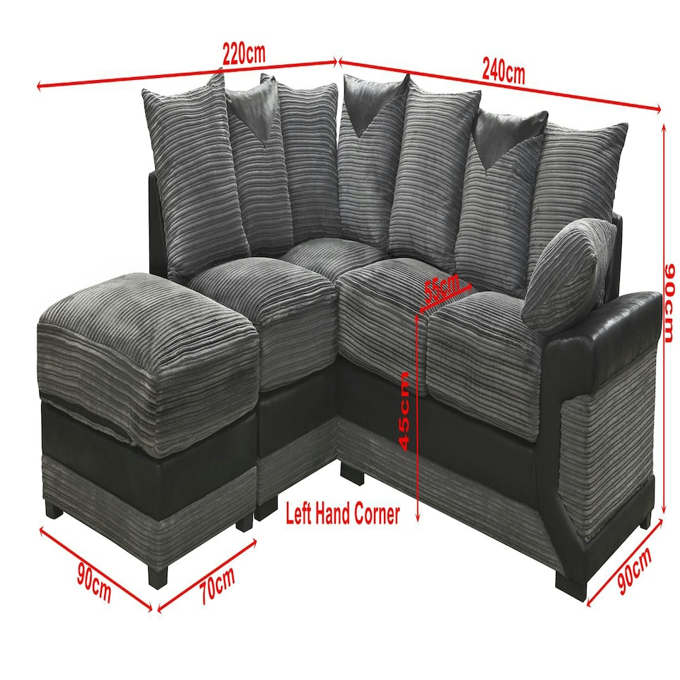 image 1 of Toledo L Shape Corner Grey Jumbo Cord Sofa With a Modern Black Leather Trim Grey | Right Hand Facing Chaise