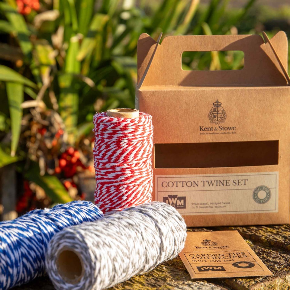 image 1 of Kent & Stowe Dig for Victory Cotton Twine Set - 3 x 50m Striped Spools Gift-Packaged | Multi | Grey, Red, Blue | L 50m