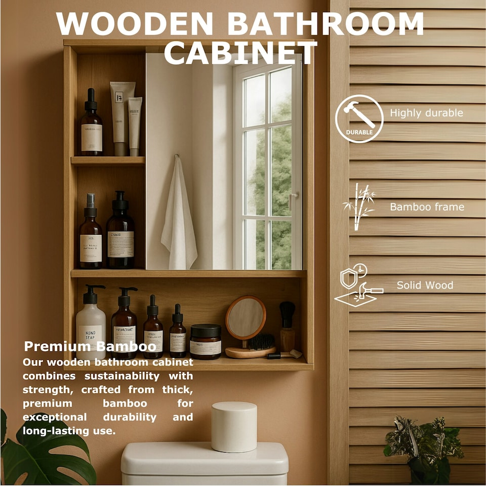 image 1 of Wooden Bathroom Wall Storage Cabinet Organiser Natural Brown Brown