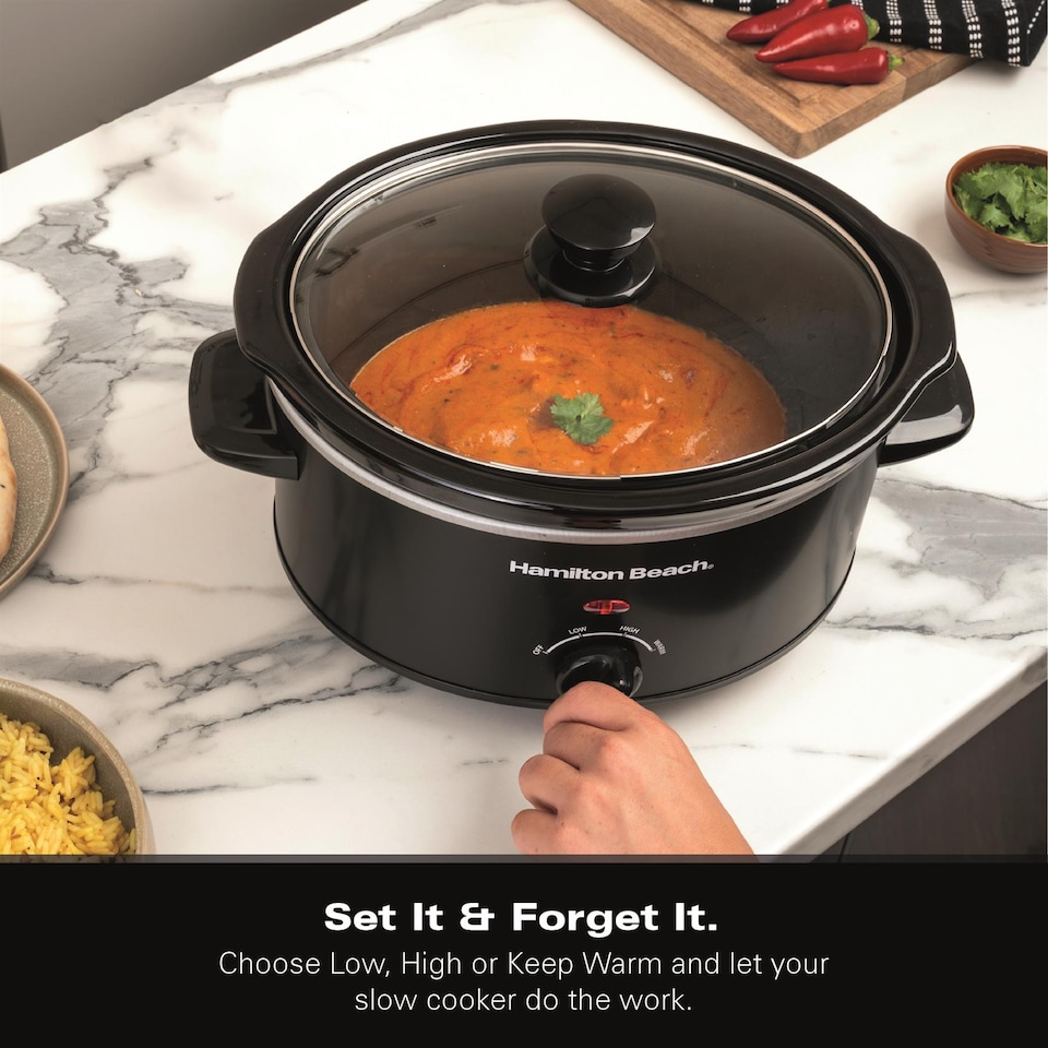 image 1 of Hamilton Beach Slow Cooker, 3.5 Litres, Comfort Cook, 160W, Energy-Efficient, Removable Oven-Safe Ceramic Bowl, 3 Heat Settings, Serves 2-4 People, Easy Clean, Black - HBSC040B