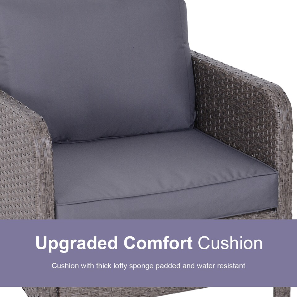 image 1 of Outsunny 5 Pieces PE Rattan Garden Furniture Set with 10cm Thick Padded Cushions, Wicker Weave Outdoor Seating Chairs with 2 Armchairs, 2 Stools, Glass Top Table, Grey