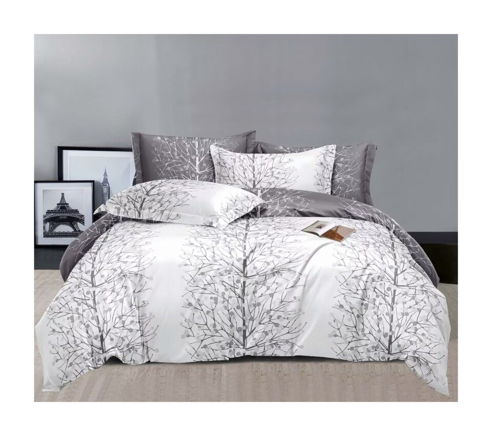 Ezysleep Silver Nature Printed Duvet Set - Luxurious Duvet Cover And Pillowcases | Multi | White/Grey