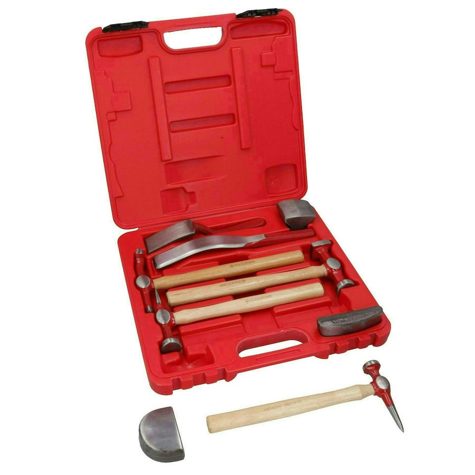image 1 of 9pc Panel Beating Set Auto Body Dent Repair Kit Hickory Handle Hammers Dollies