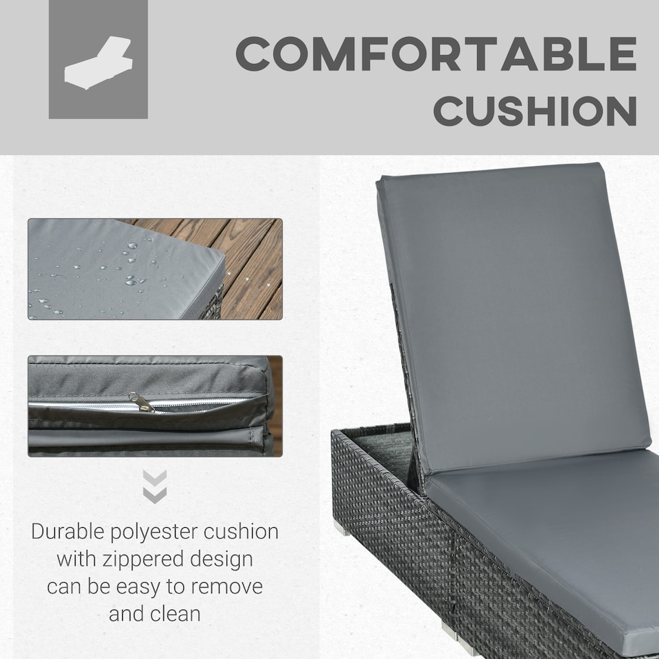 image 1 of Outsunny PE Rattan Sun Lounger, Five-level Adjustable Recliner Bed Chair with Soft Padded Cushion for Patio, Garden, Mixed Grey