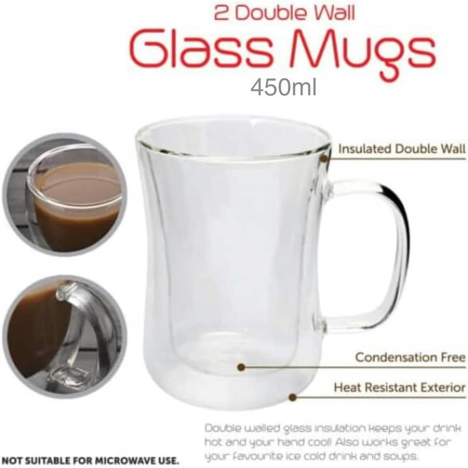 image 1 of Set of 2 Double Walled Glass Mug 450ml Clear