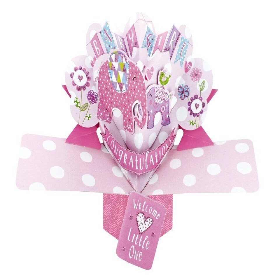 image 1 of Second Nature Pop Ups "Elephants" New Baby Girl Card with Pink Lettering