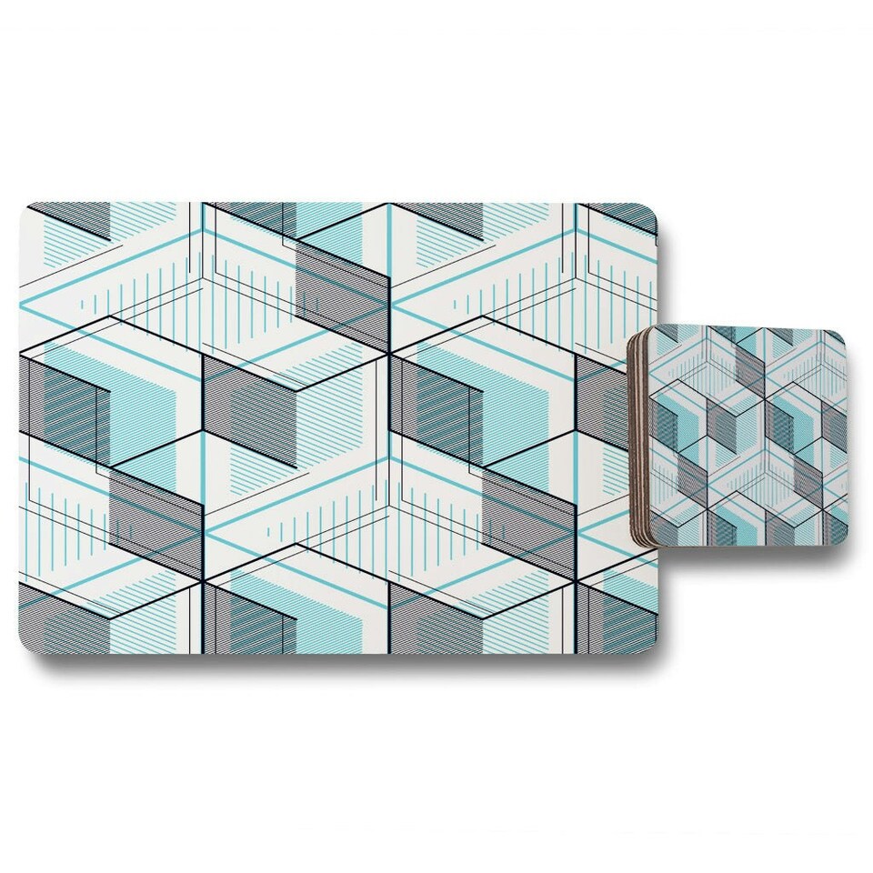 image 1 of Blue Geometric Hexagons (Placemat & Coaster Set)