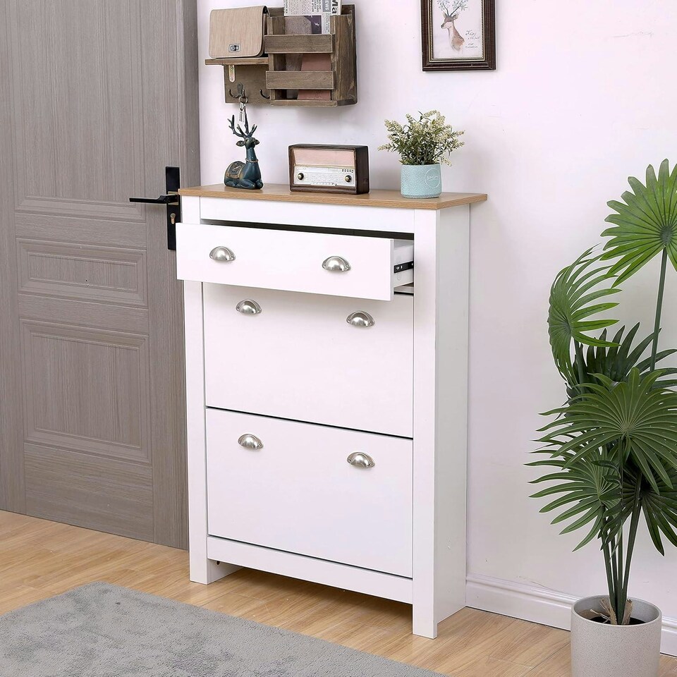 image 1 of Shoe Storage Cabinet with Flip Drawers & Top Drawer Space-Saving Organizer for Entryway & Bedroom White