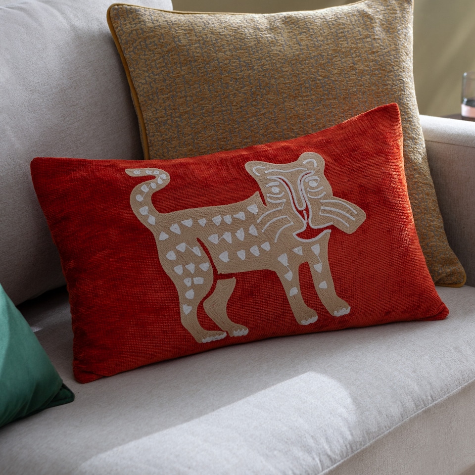 image 1 of Wylder Tropics Dynasty Leopard Embroidered Chenille Cushion, Rust Orange, 30 x 50cm