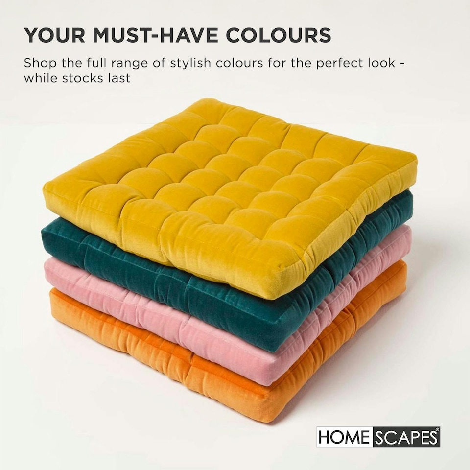 image 1 of Homescapes 4 x Seat Pads Luxury Cotton Velvet Indoor Outdoor Garden Dining Cushion | Yellow | 40 x 40 cm | 4