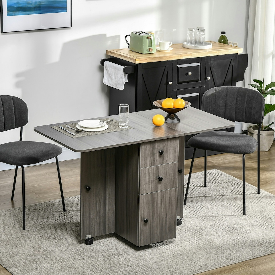 image 1 of HOMCOM Folding Dining Table, Drop Leaf Table With Storage Drawers Grey