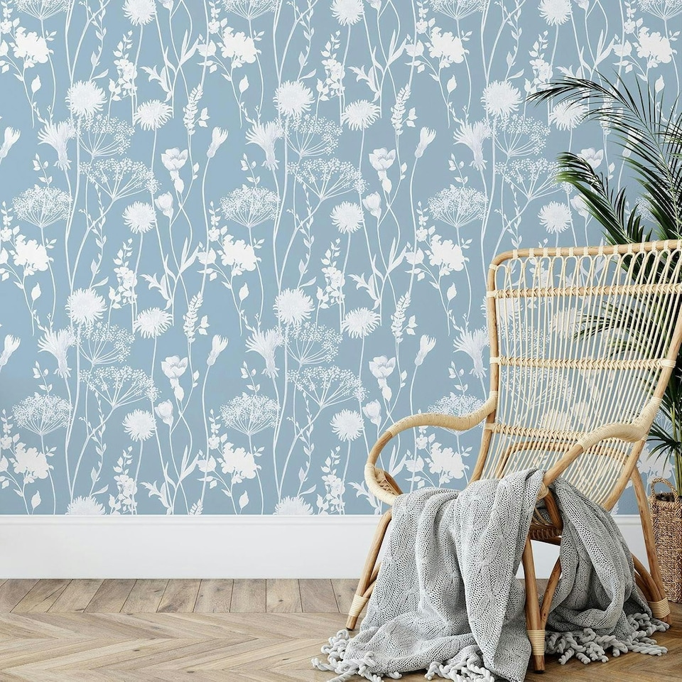 image 1 of Catherine Lansfield Meadowsweet Floral Blue Wallpaper Blue | Blue