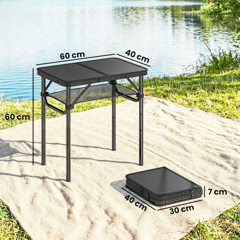 image 1 of Outsunny 2ft Folding Camping Table, Picnic Table with Storage Layer, Black | Black | Black | 60 x 40 x 26-60 cm